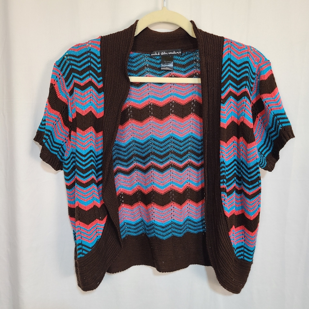 United States Sweaters Large Colorful Chevron Knit Cardigan Cropped Festival Y2K